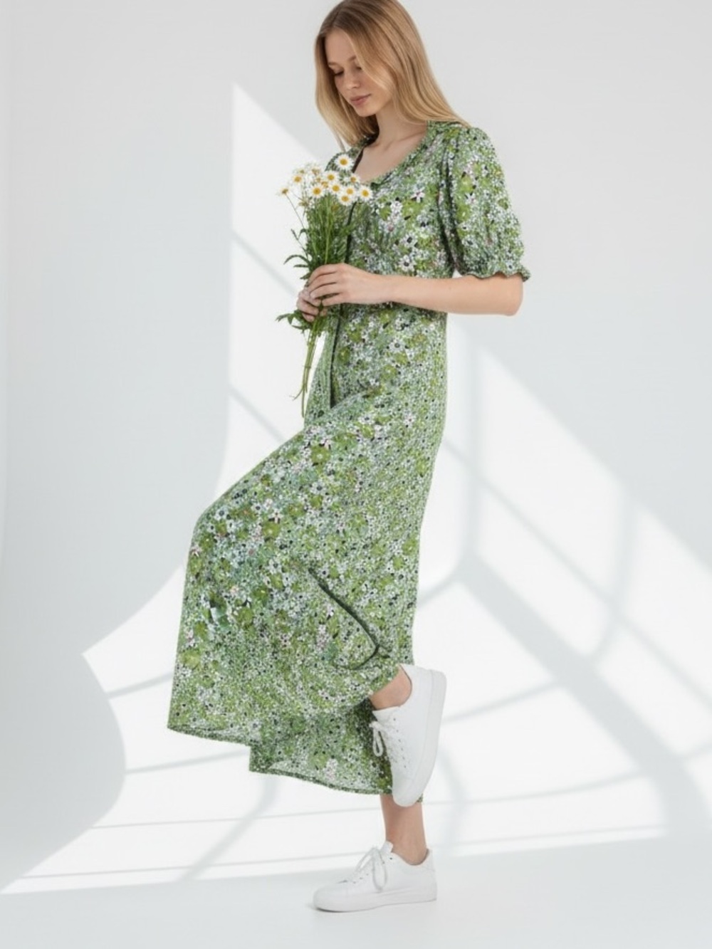 Miss Selfridge Green Ditsy Floral Button Front Short Puff Sleeve Dress Size 4